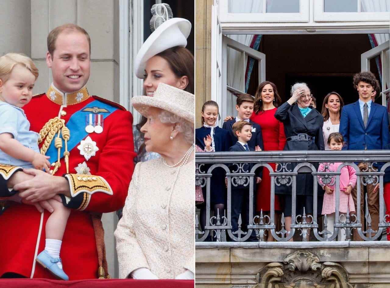 Prinz George, Prinz William, Königin Elizabeth II. und Kate Middleton (links) sowie Königin Margrethe II. und ihre Enkelkinder (rechts).