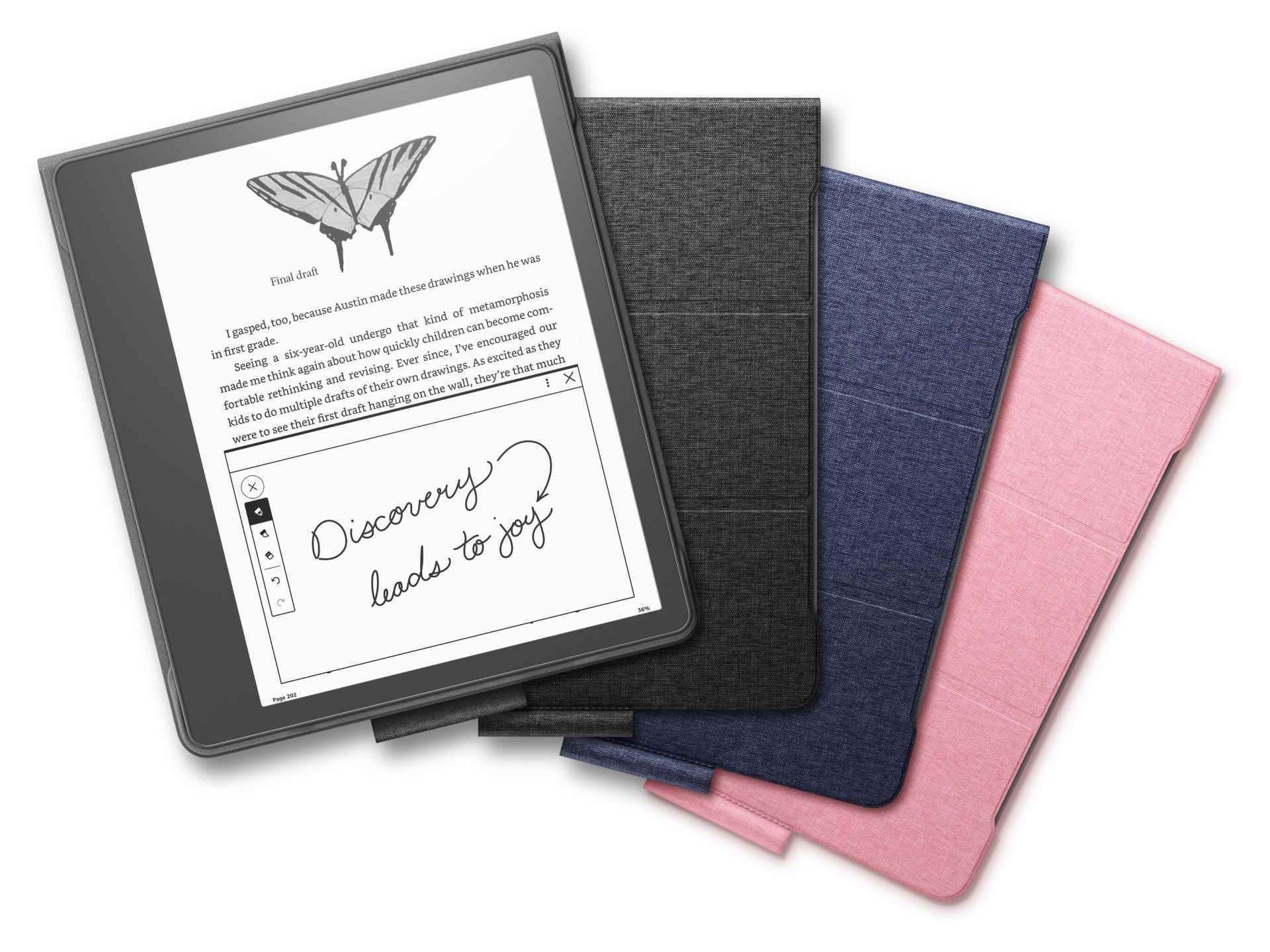 Der Amazon Kindle Scribe E-Reader mit Optionen für Leder-, Premium-Leder- und Stoffbezüge.
