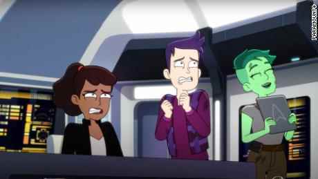 Von links: die Zeichentrickfiguren Beckett Mariner, Brad Boimler und D'Vana Tendi in einer Szene aus Staffel 3 von 