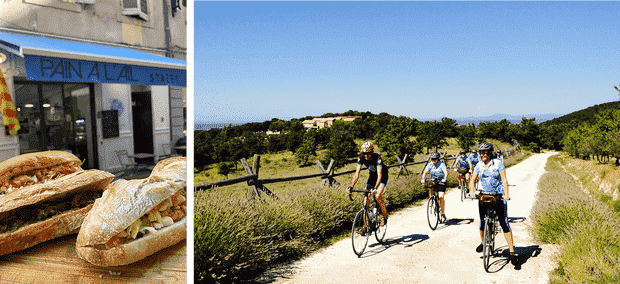 Essen: Links: Pain à l'Ail, provenzalisches Straßenessen;  Rechts: Chefkoch und Reiseleiter Jonathan Chiri leitet eine Radtour