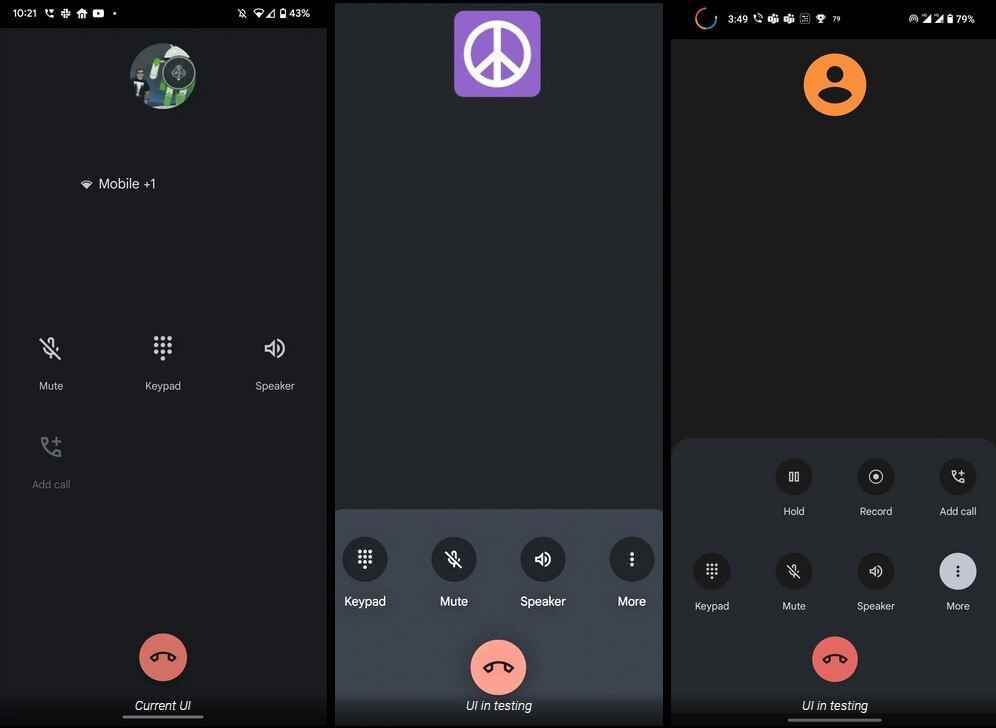 Aktuelle Version der Dialer-App links mit der neuen Version in der Mitte und rechts – Neue Telefon-Dialer-Benutzeroberfläche für Pixel mit leichter erreichbaren Symbolen überrascht