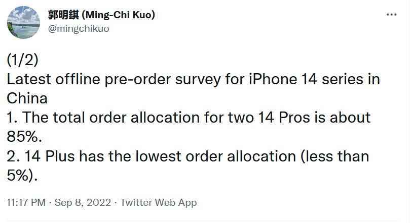 Ming-Chi Kuo enthüllt die Ergebnisse einer Offline-Umfrage, die Vorbestellungspräferenzen für die iPhone 14-Serie in China zeigt - Umfrage sagt: Teurere iPhone 14 Pro-Modelle sind die überwältigende Wahl der Verbraucher in diesem Land