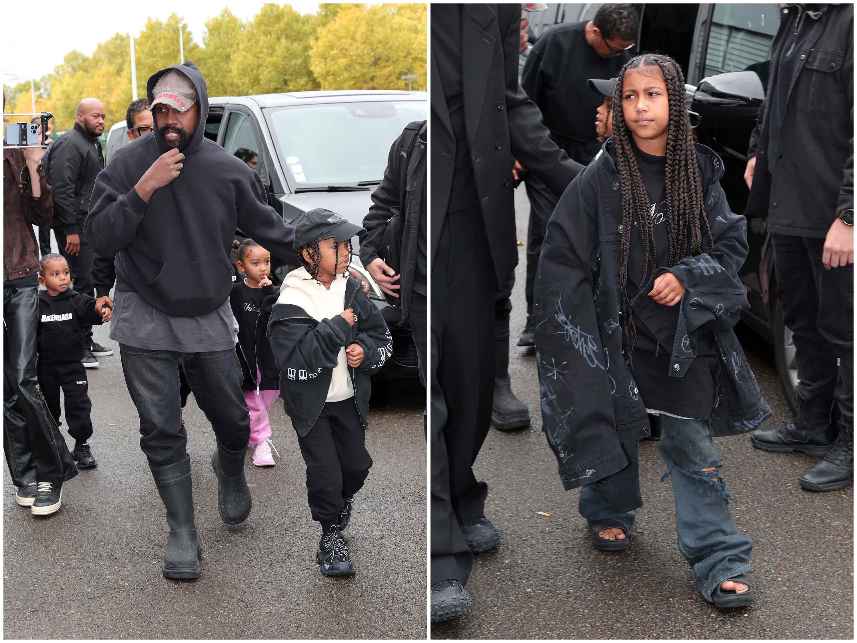 Kanye West und seine Kinder kommen in komplett schwarzen Outfits zur Balenciaga-Show