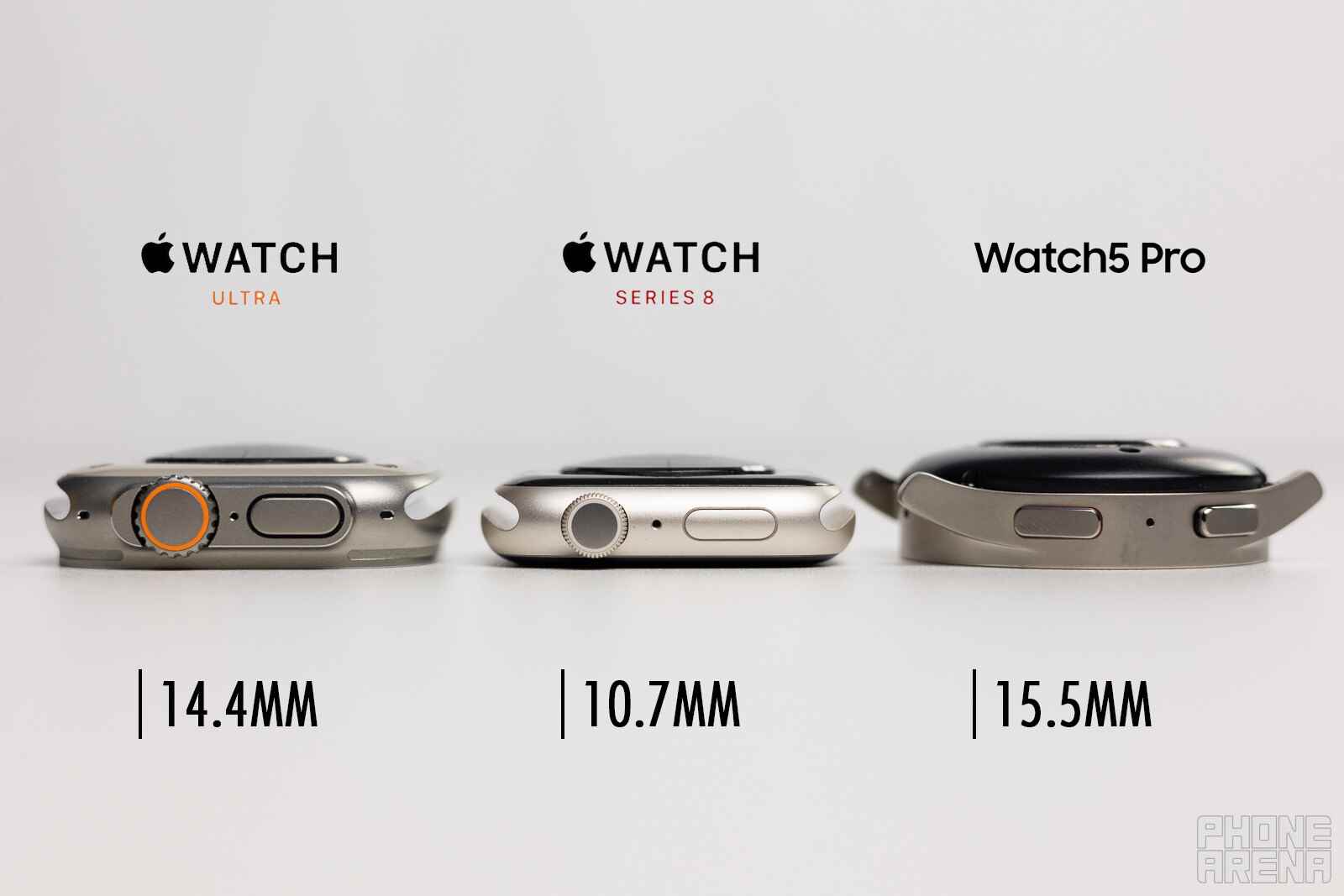 Dickenvergleich Apple Watch Ultra vs. Apple Watch Series 8 vs. Samsung Galaxy Watch 5 Pro - Apple Watch Ultra Größenvergleich