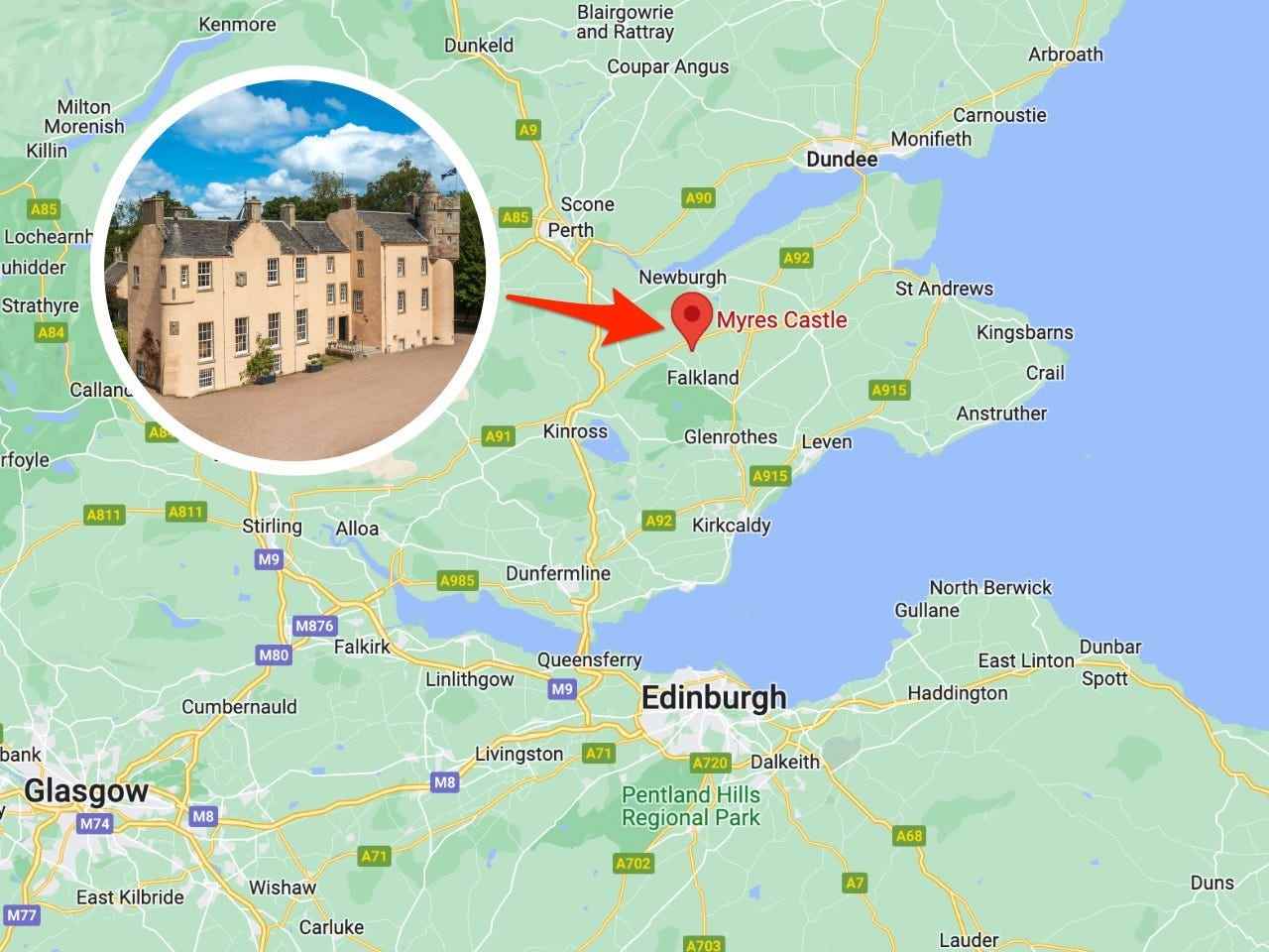 Myres Castle ist 36 Meilen von Edinburgh, Schottland.