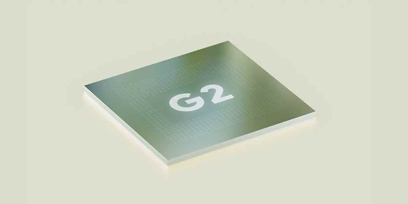 Ein vergrößertes Bild des Tensor G2-Chips, das ein kleines grünes Quadrat ist, auf dem „G2“ steht.