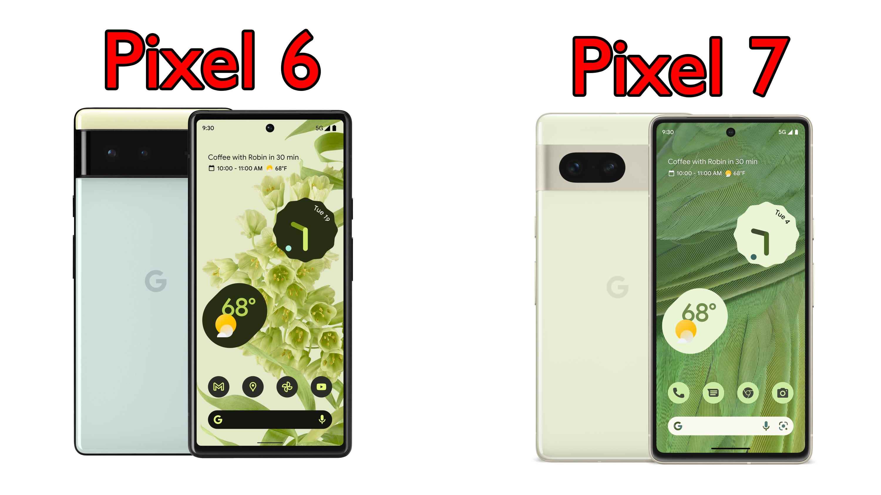 Das Google Pixel 6 (links) und das Pixel 7 (rechts) sitzen nebeneinander.