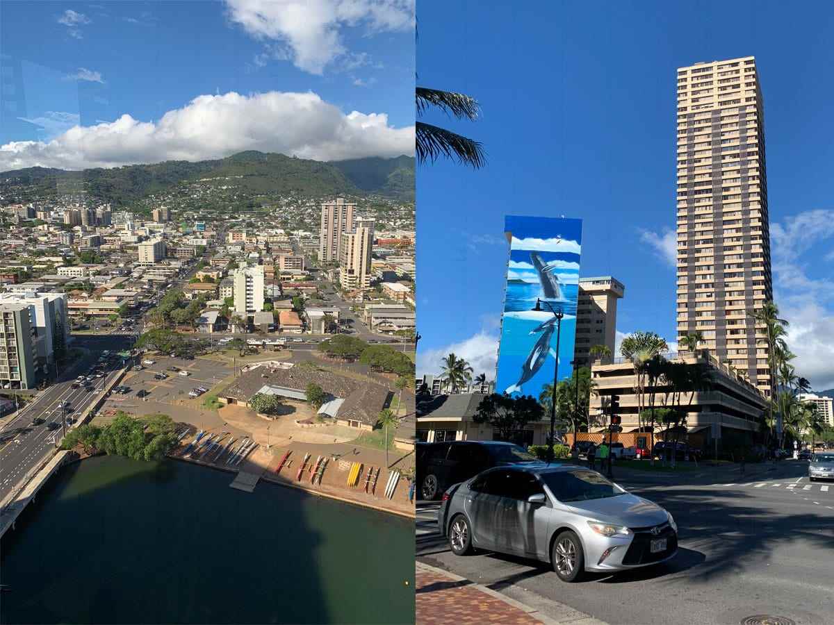 Stadtzentrum von Honolulu (Luftbild links, Auto mit Hochhaus dahinter rechts)