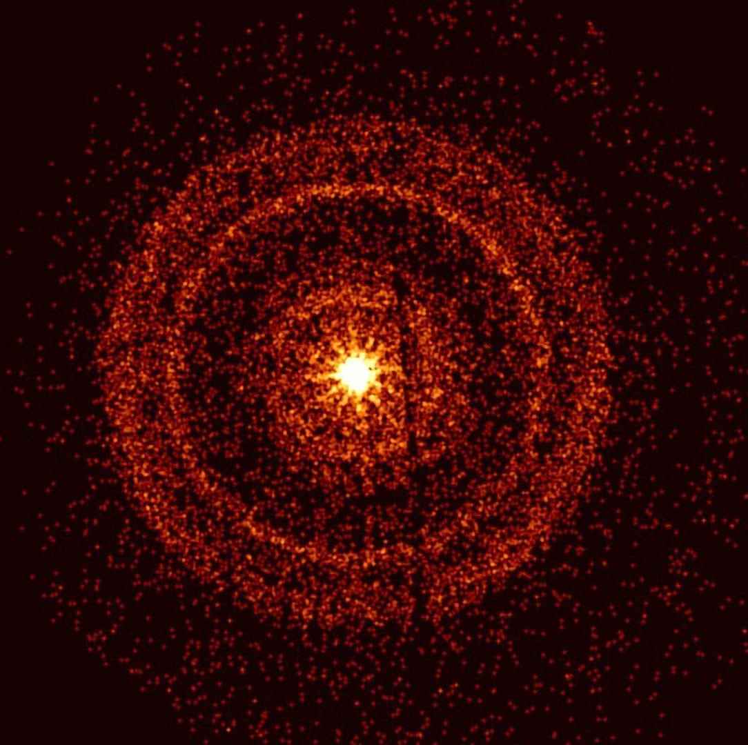 hellgelber Gammastrahlenausbruch, umgeben von Ringen aus roten Punkten