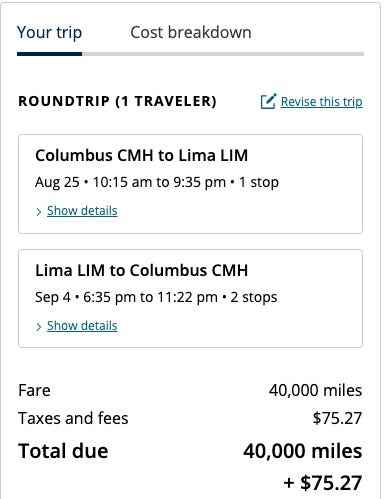 Prämienkosten für Hin- und Rückflug für einen Flug zwischen Columbus und Lima, Peru, mit Meilen von United Airlines