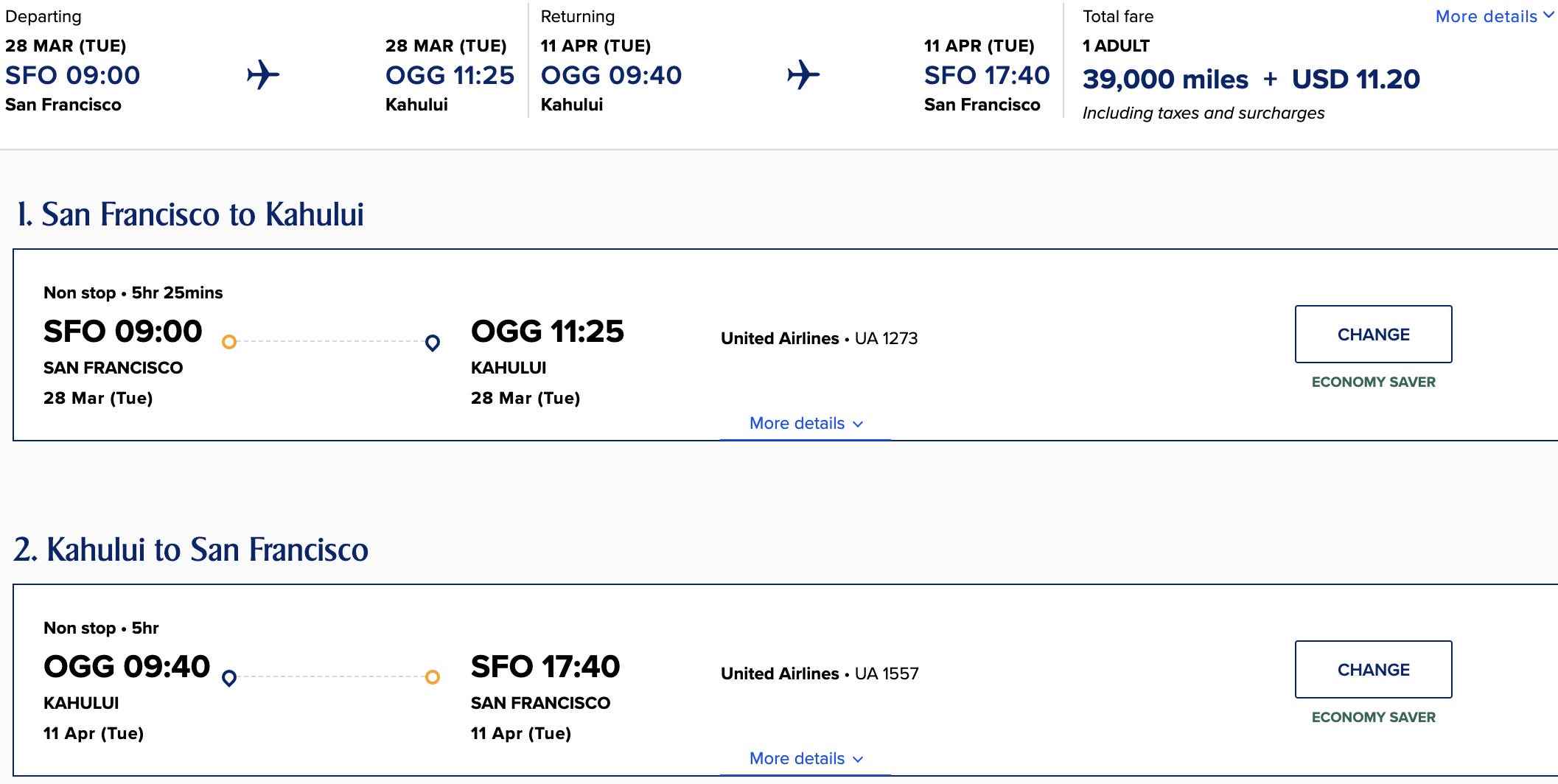 Prämienkosten für Hin- und Rückflug für einen Flug zwischen San Francisco und Honolulu mit United Airlines-Meilen