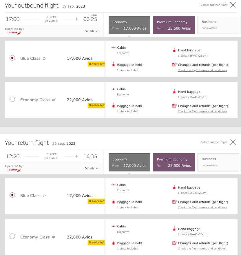 Prämienkosten für Hin- und Rückflug für einen Flug zwischen Chicago und Madrid mit Iberia Avios-Punkten