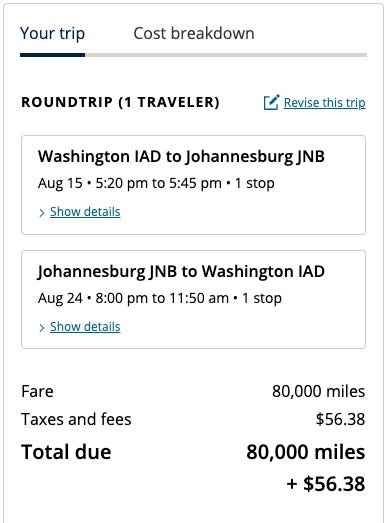 Prämienkosten für Hin- und Rückflug für einen Flug zwischen Washington Dulles und Johannesburg mit Meilen von United Airlines