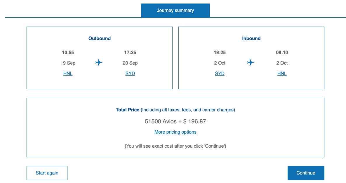 Kosten für das British Airways-Prämienticket von Honolulu nach Sydney