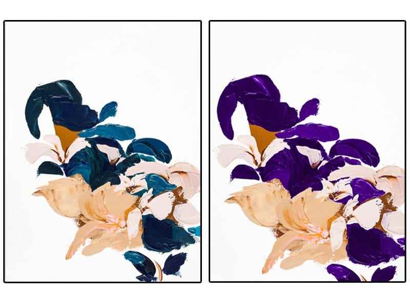 Ein Bild nebeneinander mit dem geprägten Originalbild auf der linken Seite und meinen benutzerdefinierten Änderungen auf der rechten Seite, wo das Bild stärker vergrößert ist und einige Blütenblätter von Blau zu Lila geändert wurden.