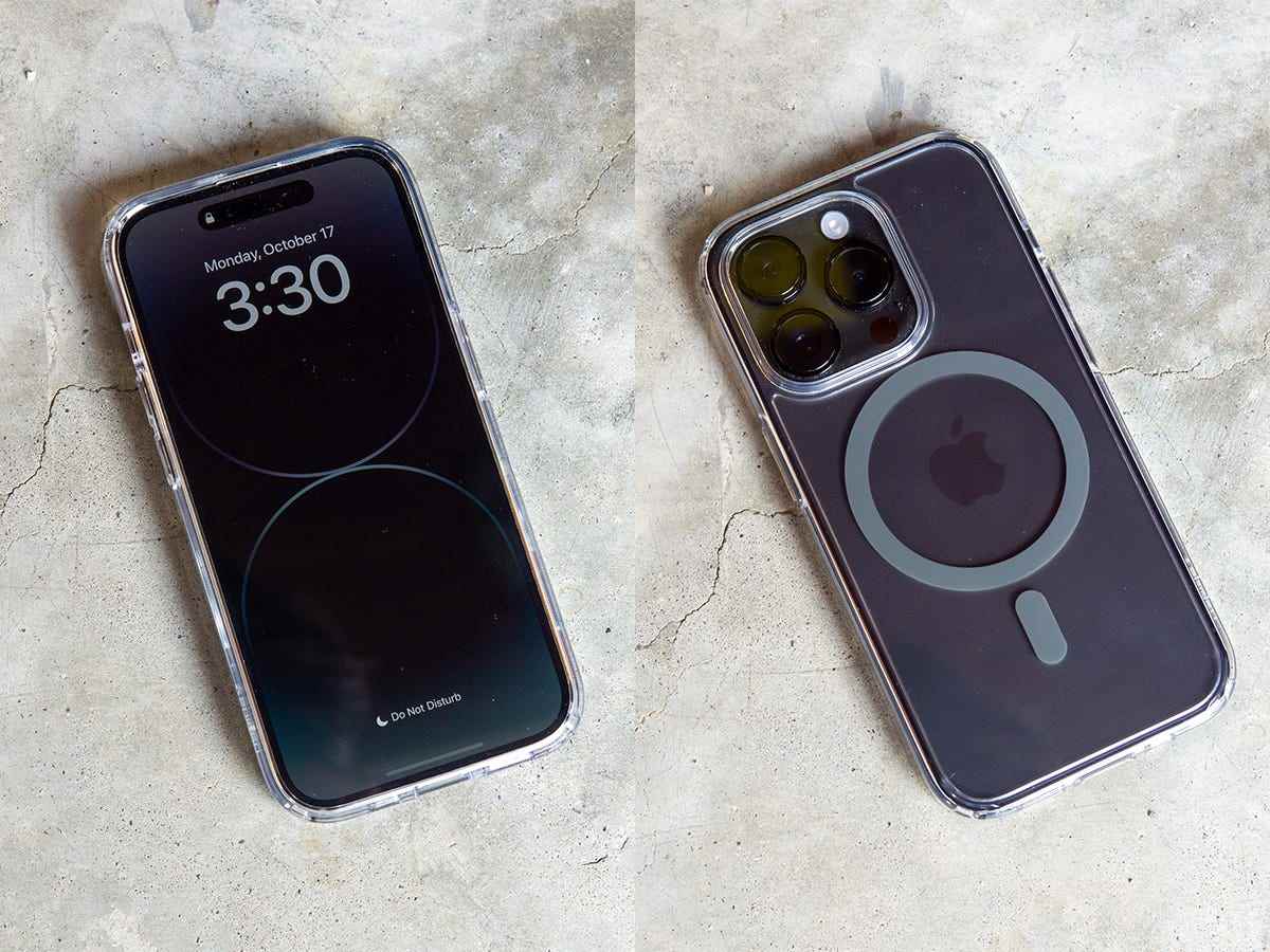 Spigen Ultra Hybrid (MagFit) mit schwarzem iPhone 14 Pro.