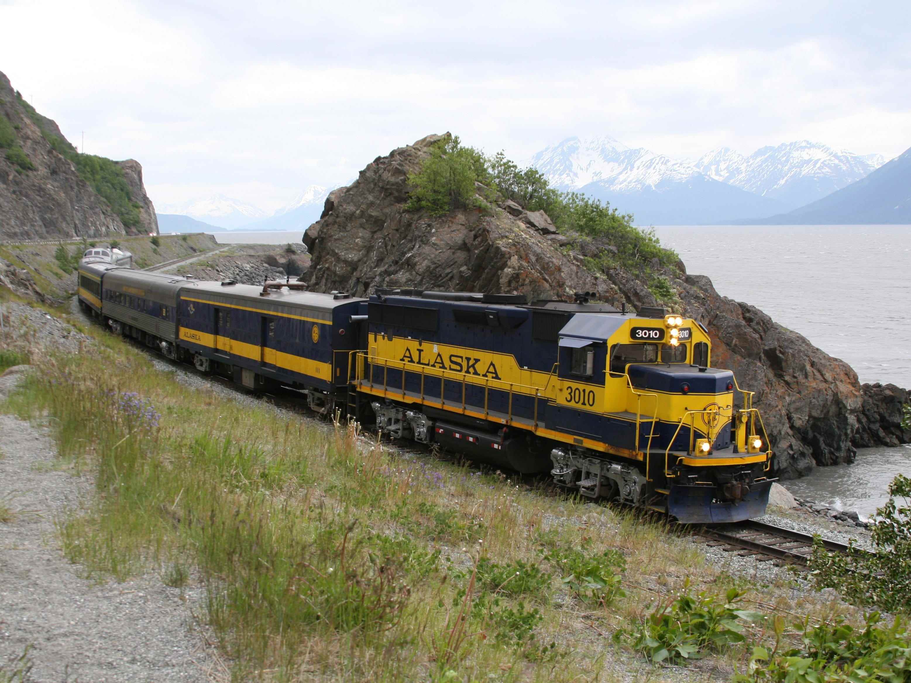 Gelbe und schwarze Alaska-Eisenbahn, die durch einen felsigen Pass mit Bergblick führt