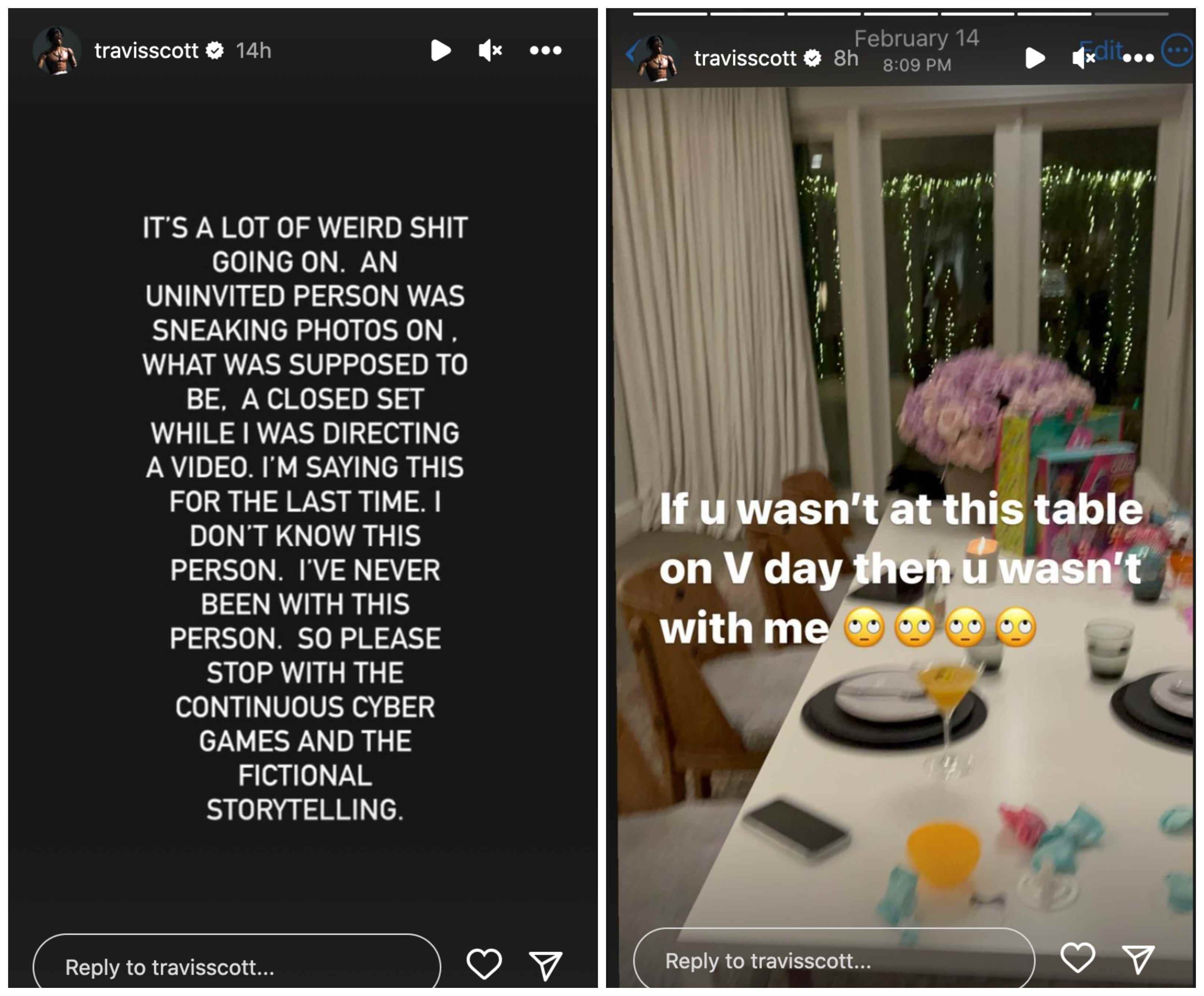 Travis Scott Instagram Stories Screenshots, bestritt, Kylie Jenner betrogen zu haben.