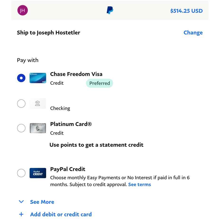 Screenshot des Bildschirms mit den Zahlungsoptionen von PayPal