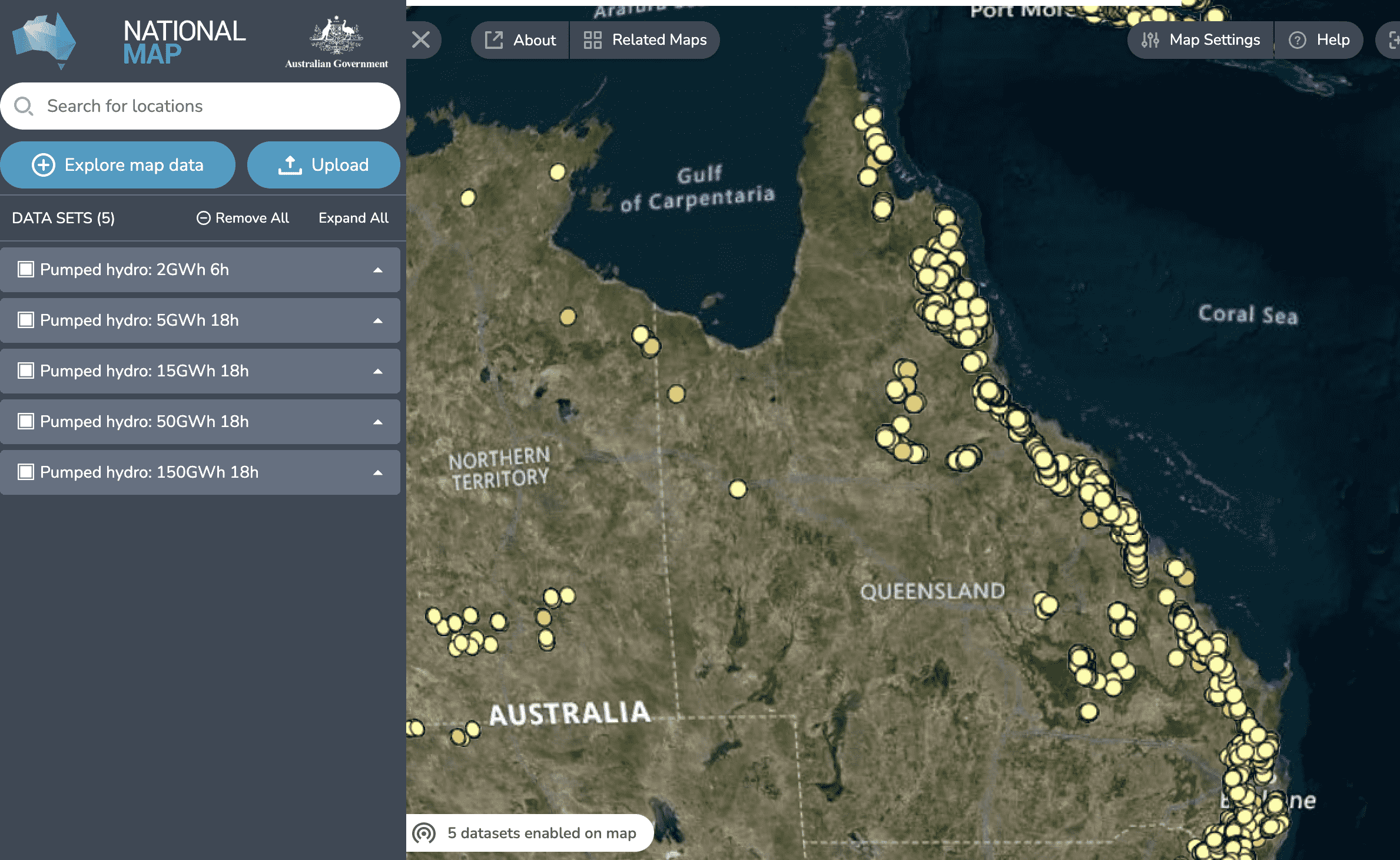 ANU GIS-Karte der Standorte von gepumpten Wasserressourcen in Queensland