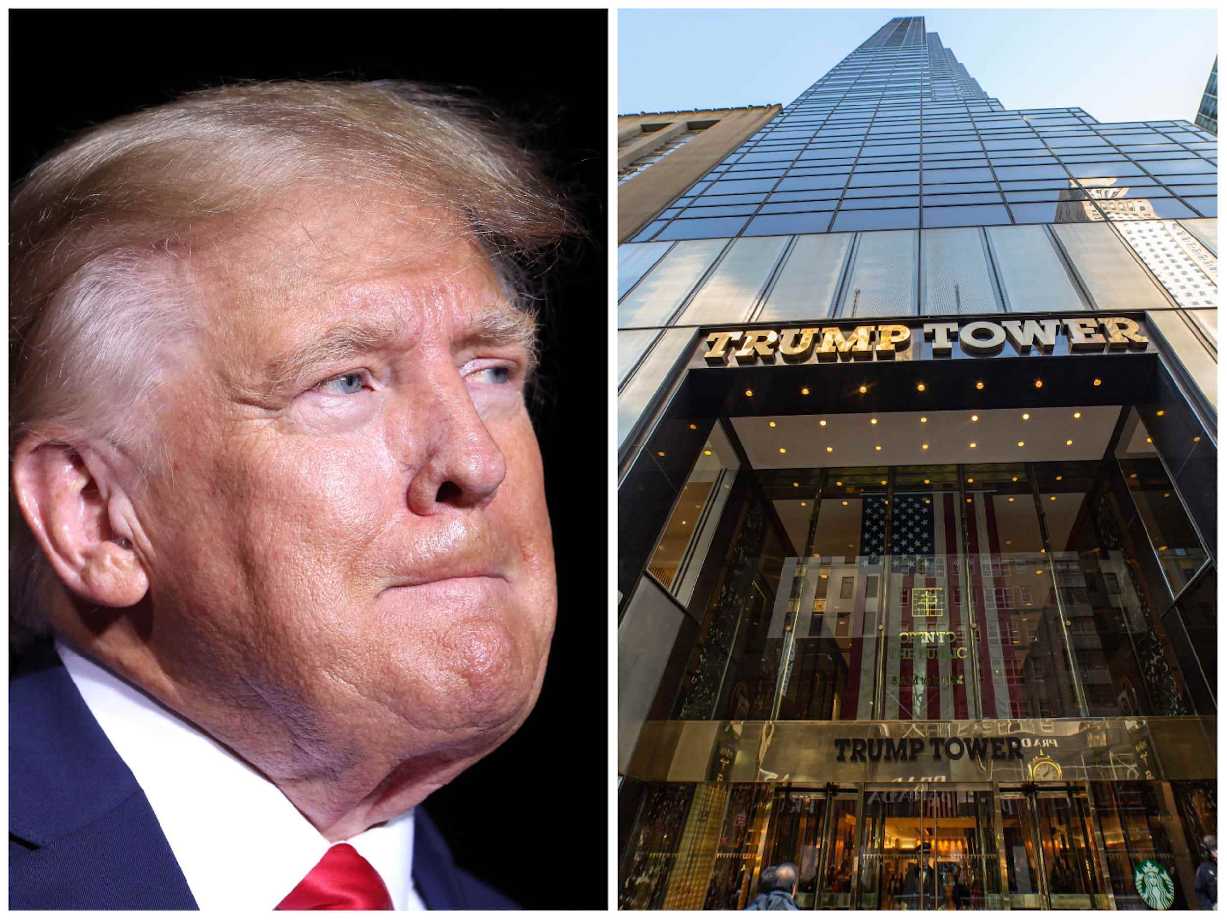 Dieses Foto nebeneinander zeigt den ehemaligen Präsidenten Donald Trump (links) und das Äußere des Trump Tower, wo die Trump Organization ihren Hauptsitz hat.