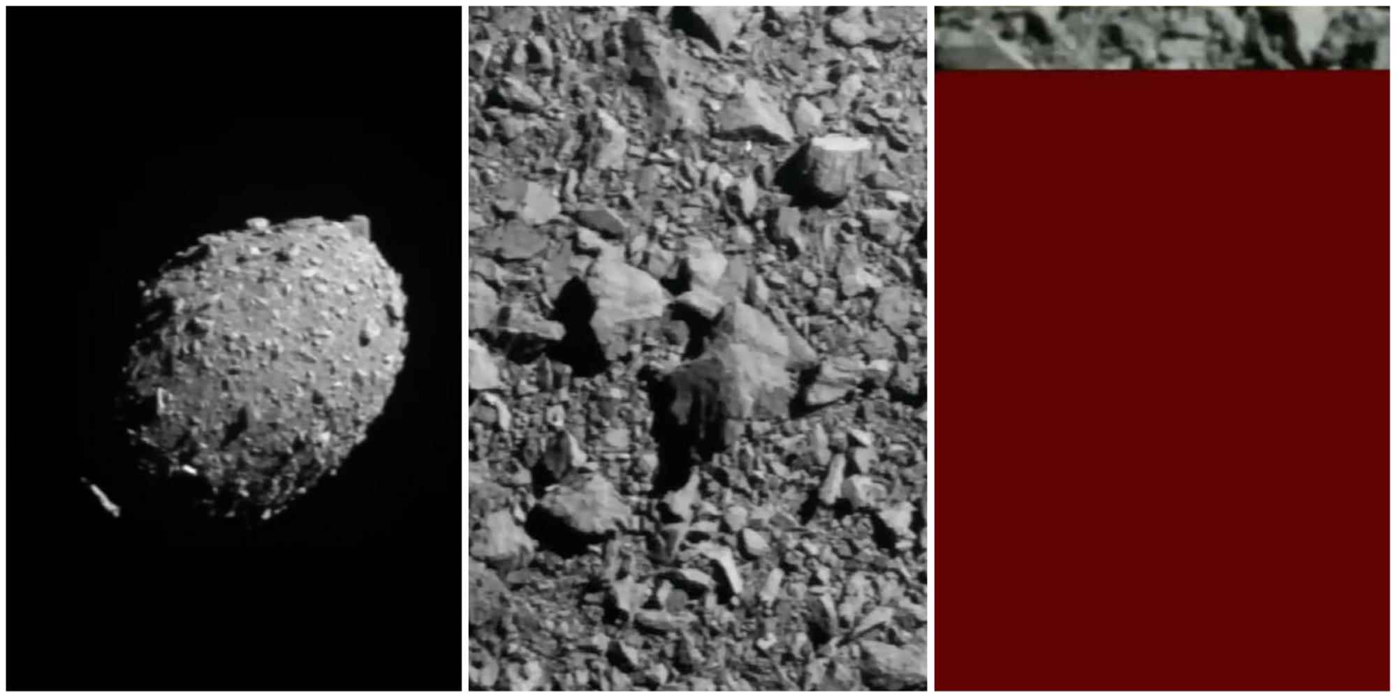 Bildfolge, die einen Asteroiden aus der Ferne zeigt, dann Nahaufnahme, dann Videoausschnitt