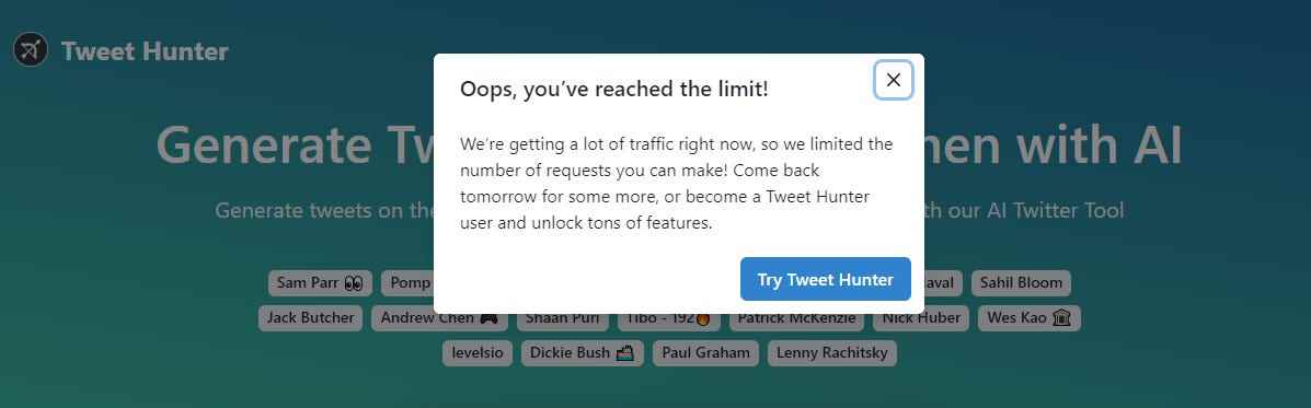 Eine Nachricht auf der Tweet-Generator-Website von Tweet Hunter AI, die besagt, dass der Benutzer „das Limit erreicht“ hat.