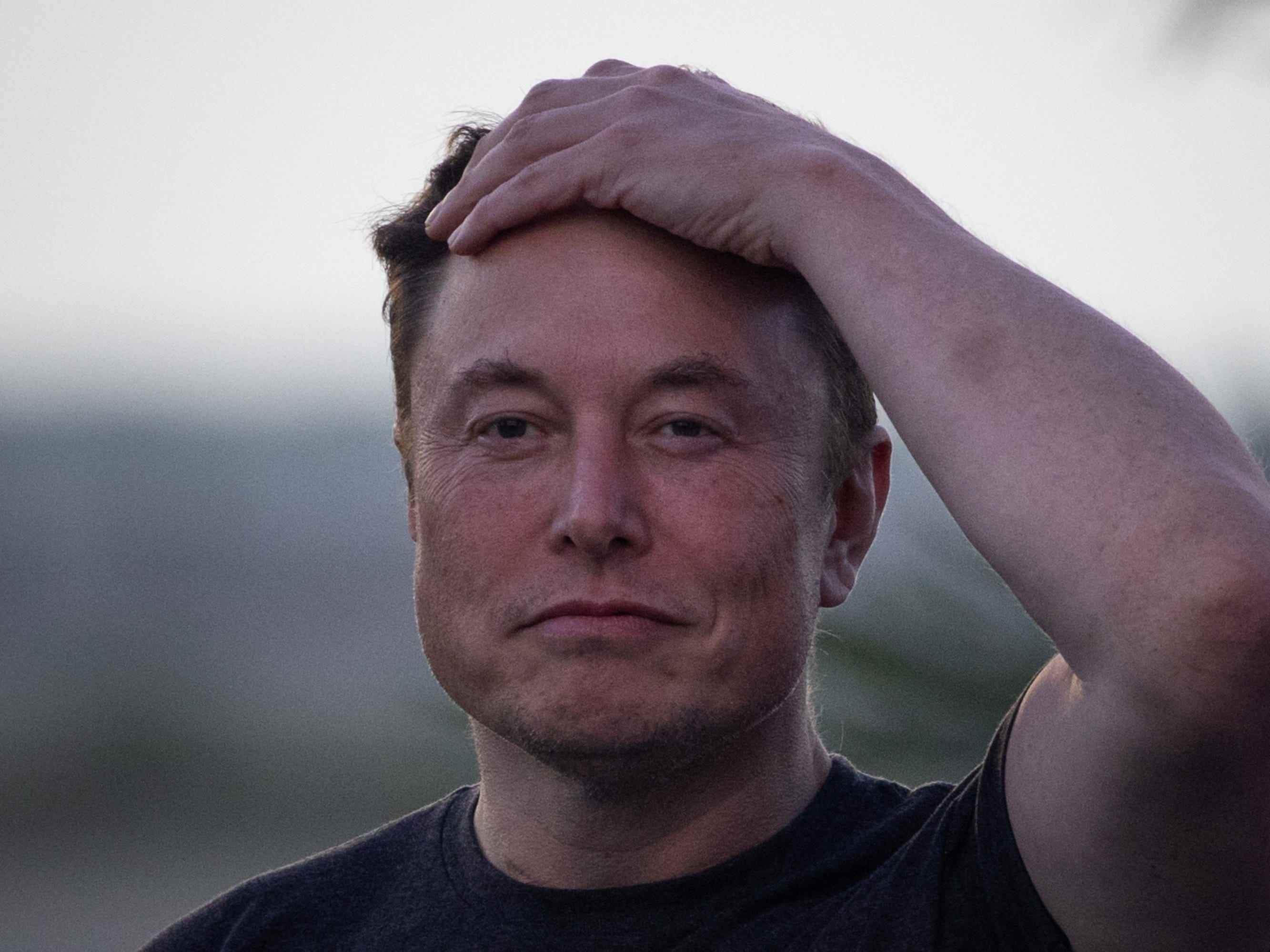 Ein Bild von Elon Musk von den Schultern aufwärts.  Er trägt ein schwarzes T-Shirt und hält sich mit einem ruhigen Gesichtsausdruck die linke Hand an den Kopf.