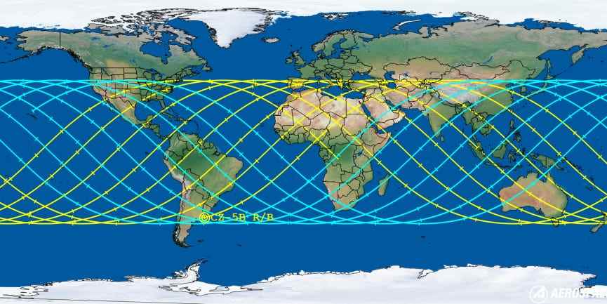 Die Karte zeigt ein Linienband, das einen möglichen Wiedereintritt des Raketenkörpers um die Mitte der Erde darstellt