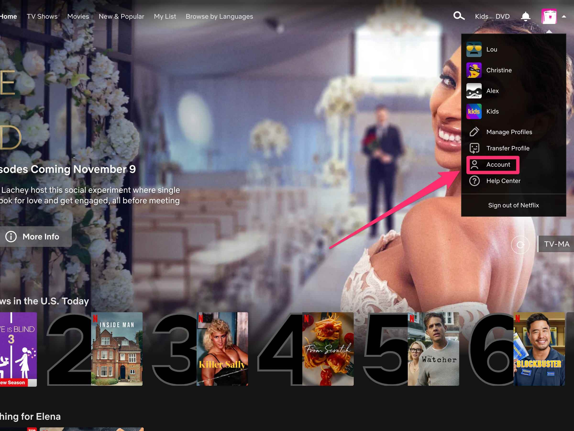 Netflix-Startseite mit erweitertem Dropdown-Menü, die Schaltfläche „Konto“ ist in einem pinkfarbenen Feld hervorgehoben.