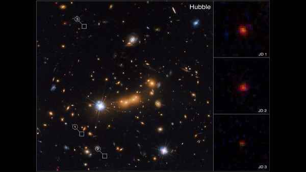 gif vergleicht Hubble- und JWST-Bilder desselben Galaxienhaufens und hebt neue Galaxien dahinter hervor