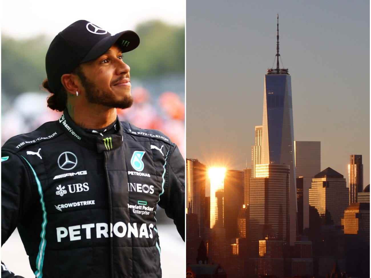 Lewis Hamilton und die Skyline von New York City