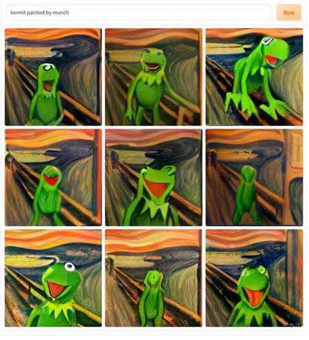 Eine Collage aus Bildern von Kermit dem Frosch als Gestalt auf der Brücke in Munchs Der Schrei