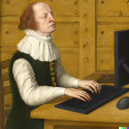 Ein Mann in Halskrause und Wams sitzt an einem Desktop-Computer