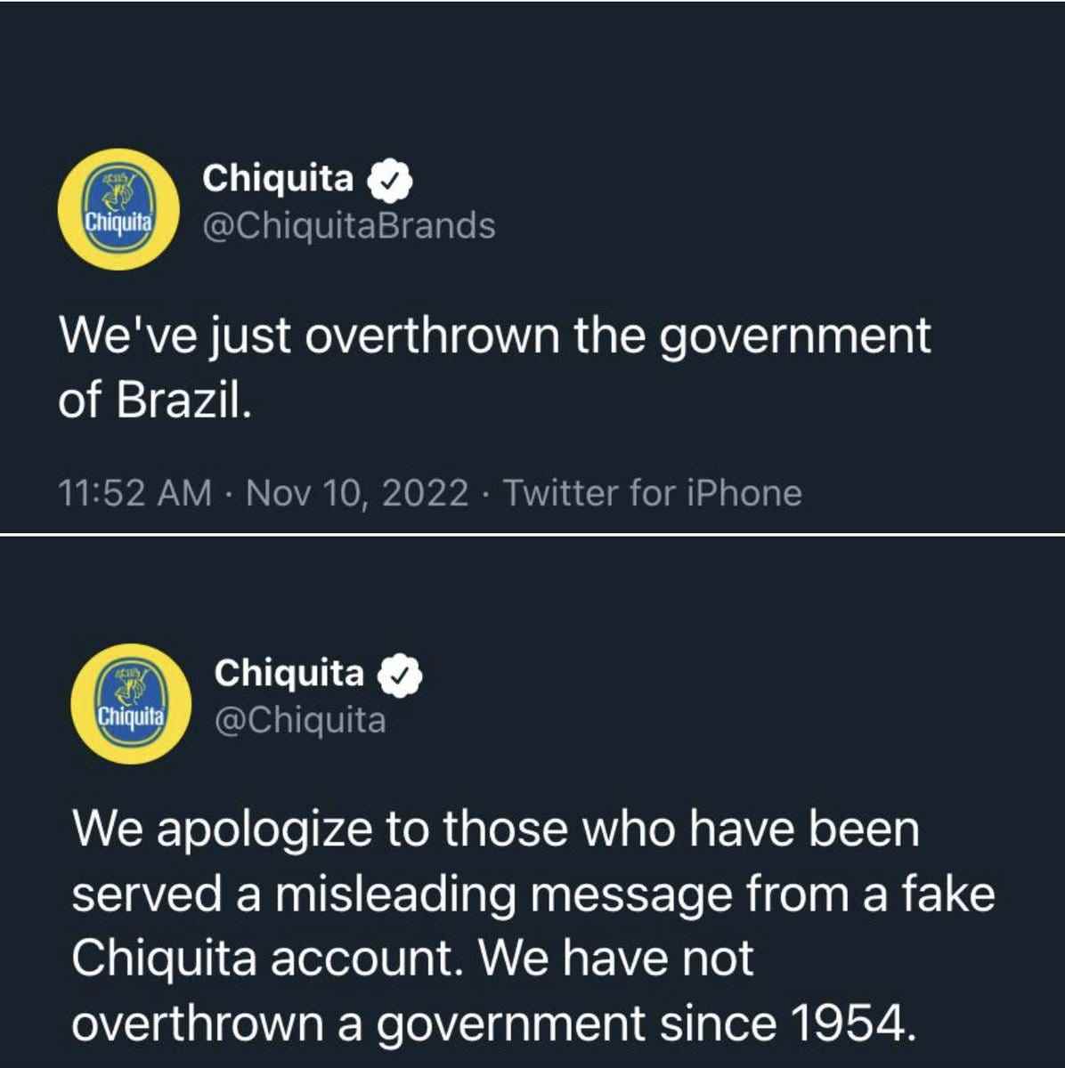 Tweet von einem Chiquita-Imitator, gefolgt von einer Entschuldigung des echten Chiquita-Kontos.