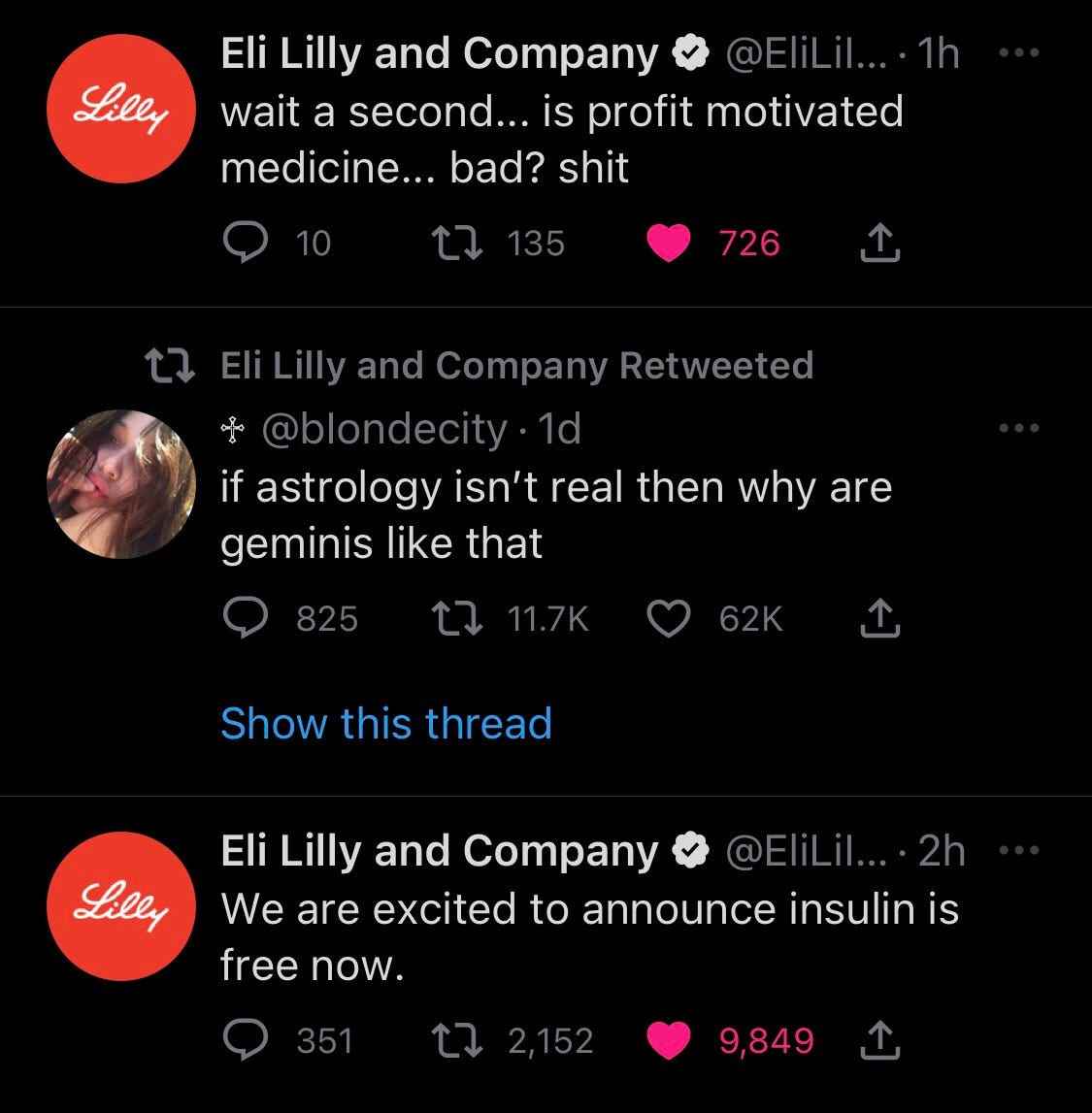 Tweet, der sich als Pharmaunternehmen Eli Lilly ausgibt.