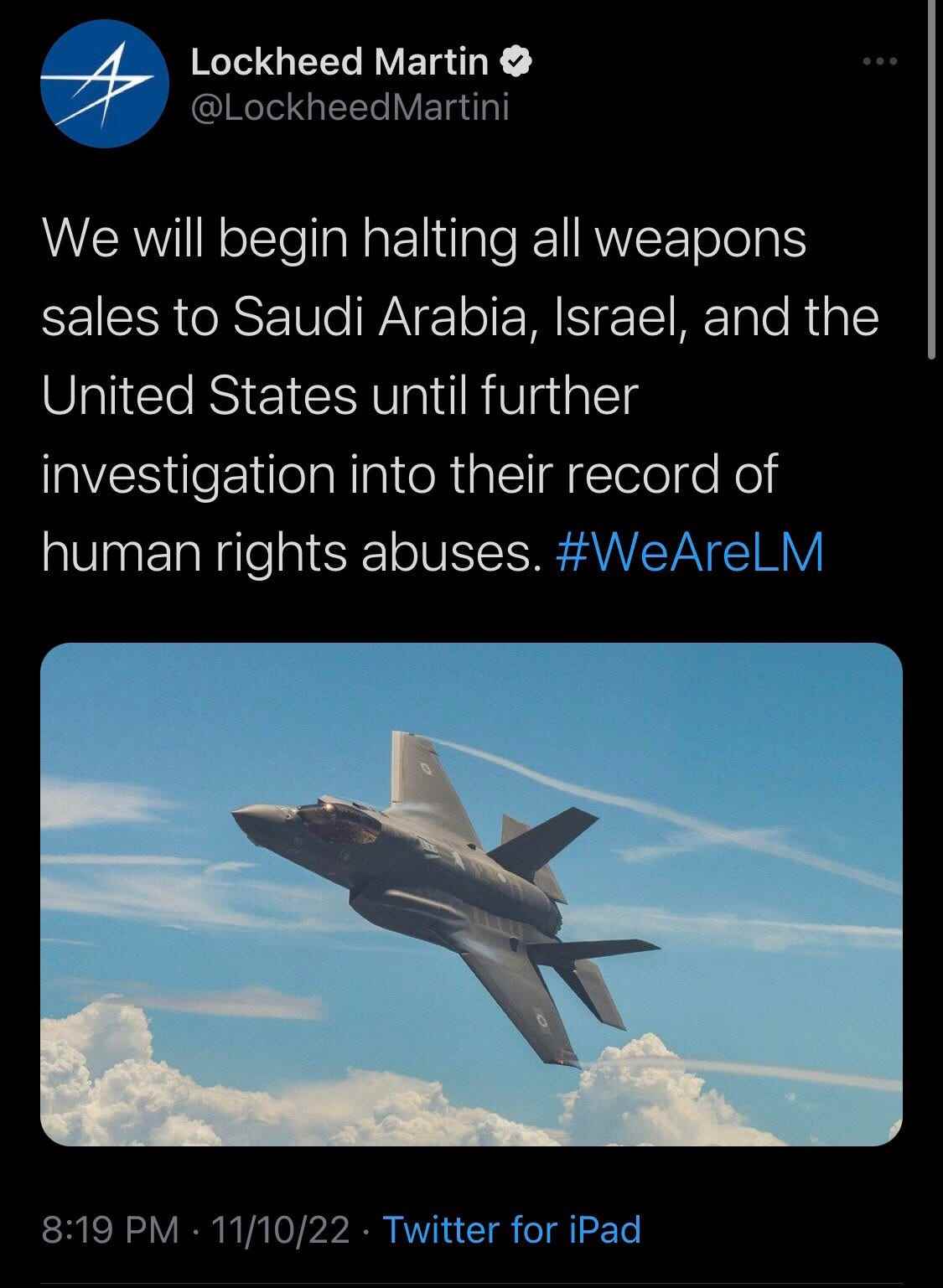 Tweet von einem Konto, das sich als Verteidigungsunternehmen Lockheed Martin ausgibt.
