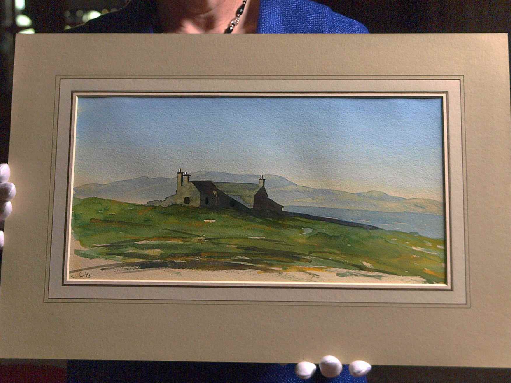 Ein Gemälde einer verlassenen Hütte auf der Insel Stroma, Caithness, Schottland.