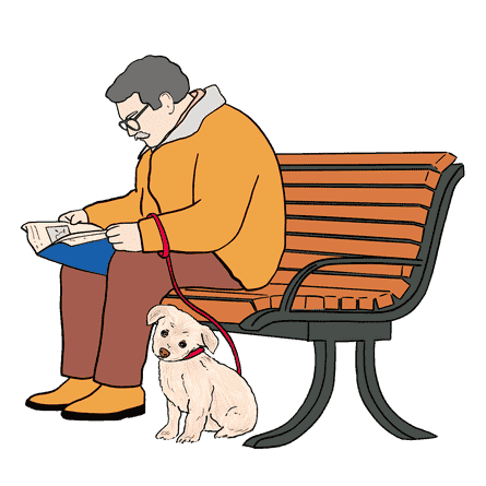 Illustration eines Mannes auf einer Bank mit Hund