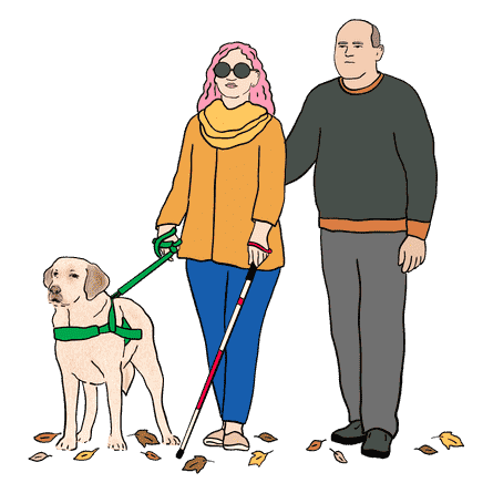 Illustration einer Frau mit dunkler Brille mit Mann und Blindenhund.