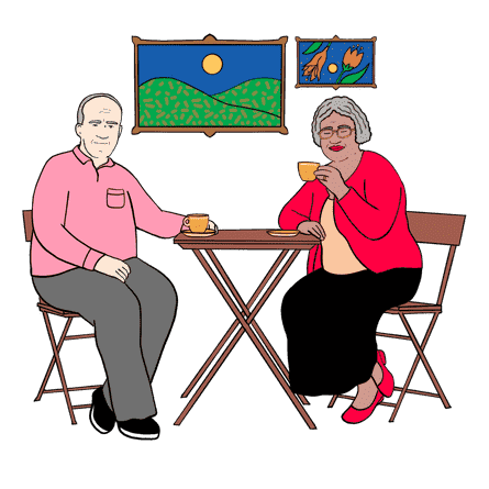 Illustration eines älteren Ehepaars am Tisch