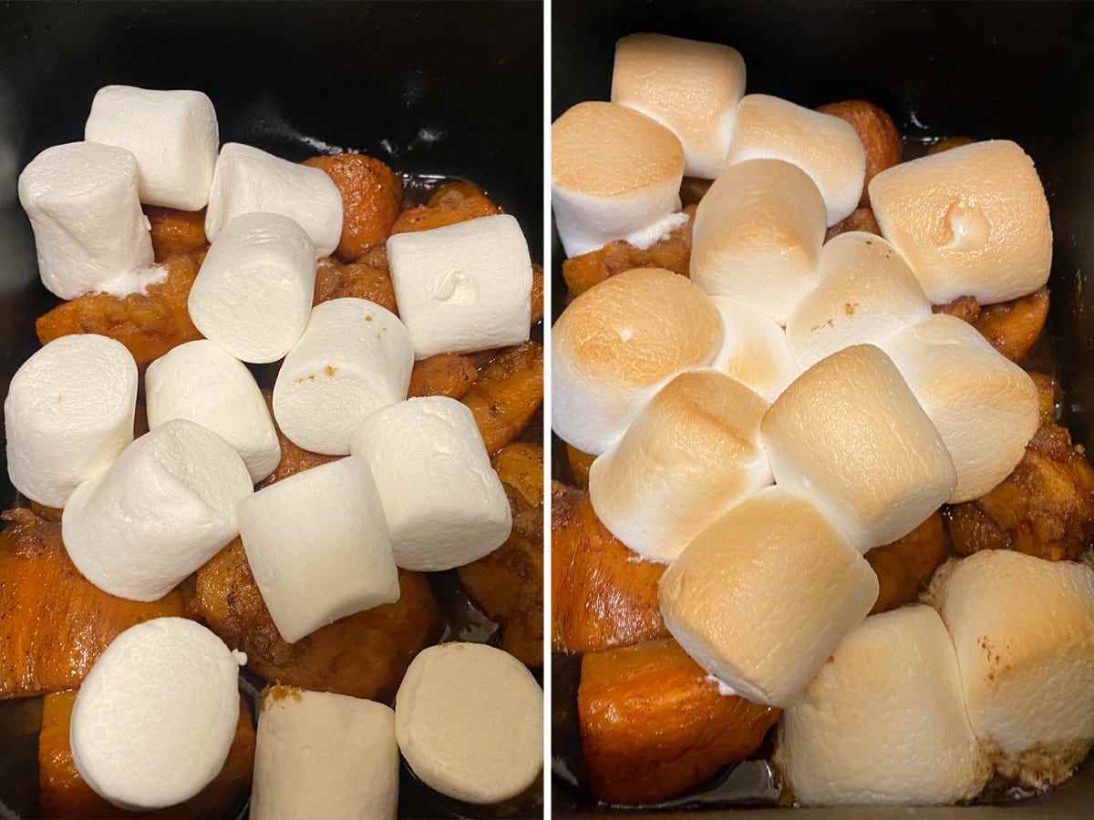 nebeneinander Fotos von Marshmallows auf Süßkartoffeln vor und nach dem Kochen