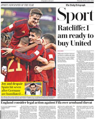 Hauptseite Sport des Daily Telegraph am 24. November 2022