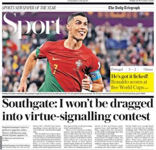 Hauptseite Sport des Daily Telegraph vom 25. November 2022