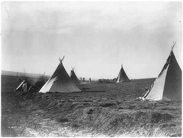 Mehrere Tipis im offenen Gelände, fotografiert im Jahr 1905.