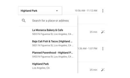 Screenshot zeigt die Abfrage "Hochlandpark" und eine Reihe von Orten erscheinen darunter, einschließlich geplanter Elternschaft