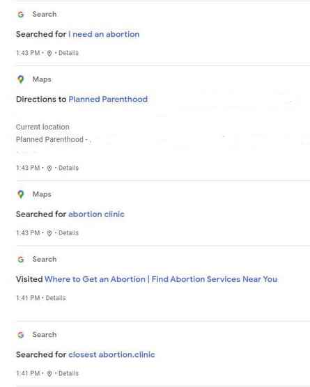 Die Zeitachse der Google-Aktivität zeigt Suchanfragen einschließlich "Ich brauche eine Abtreibung" und "Wegweiser zur geplanten Elternschaft"