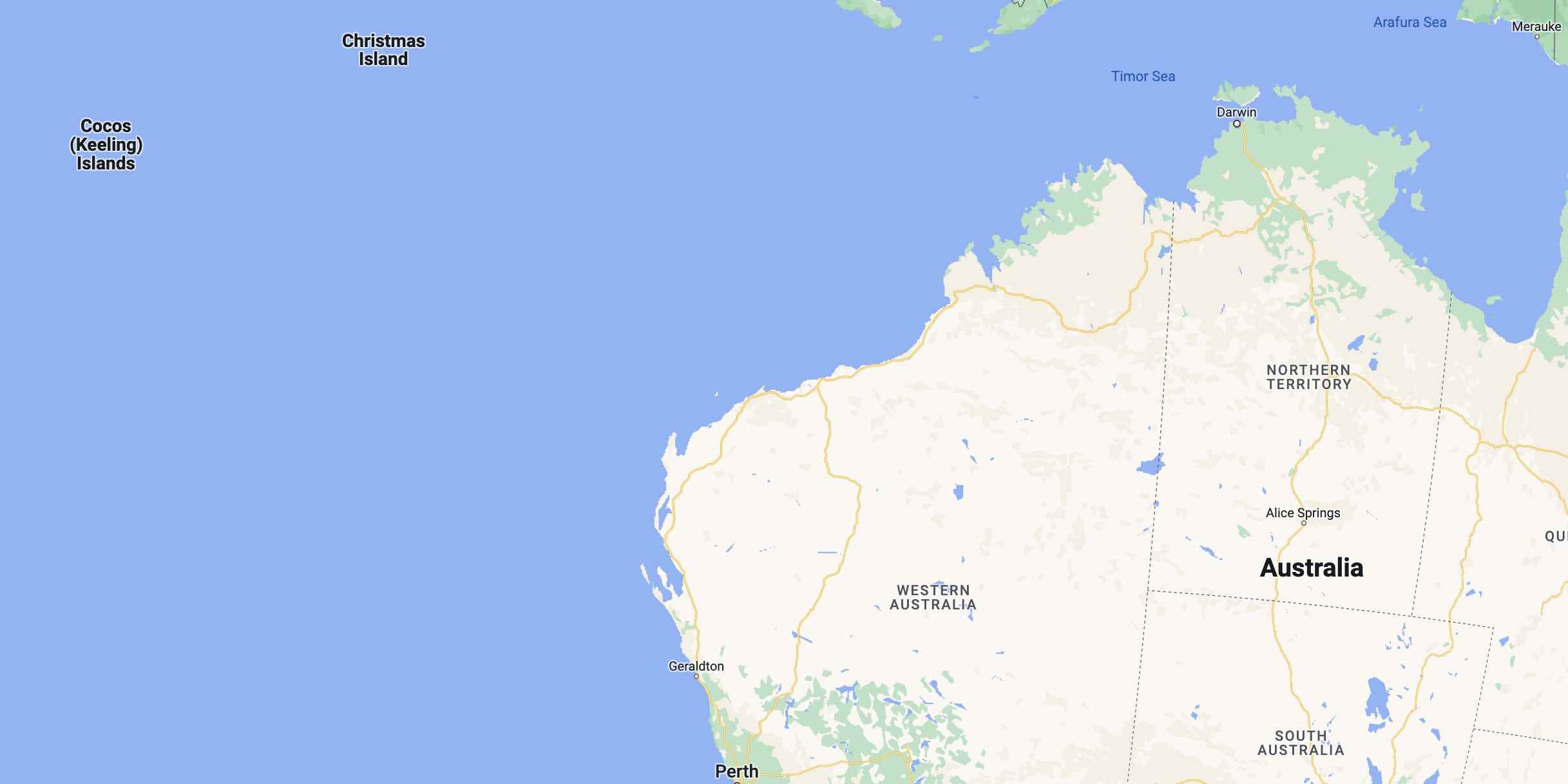 Die Kokosinseln sind auf einer Karte westlich der australischen Küste dargestellt.