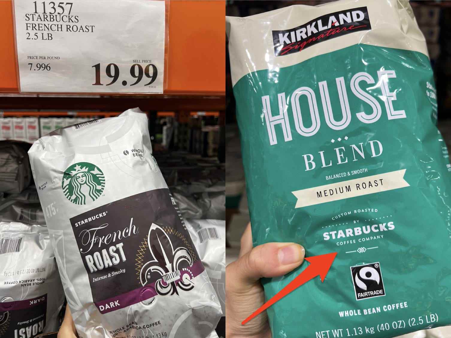 Auf der linken Seite hält eine Hand eine silberne und braune Tüte Starbucks-Kaffee vor einem Preisschild von 19,99 $.  Rechts eine Hand, die eine blaue und beige Tüte mit Kirkland-Kaffee hält