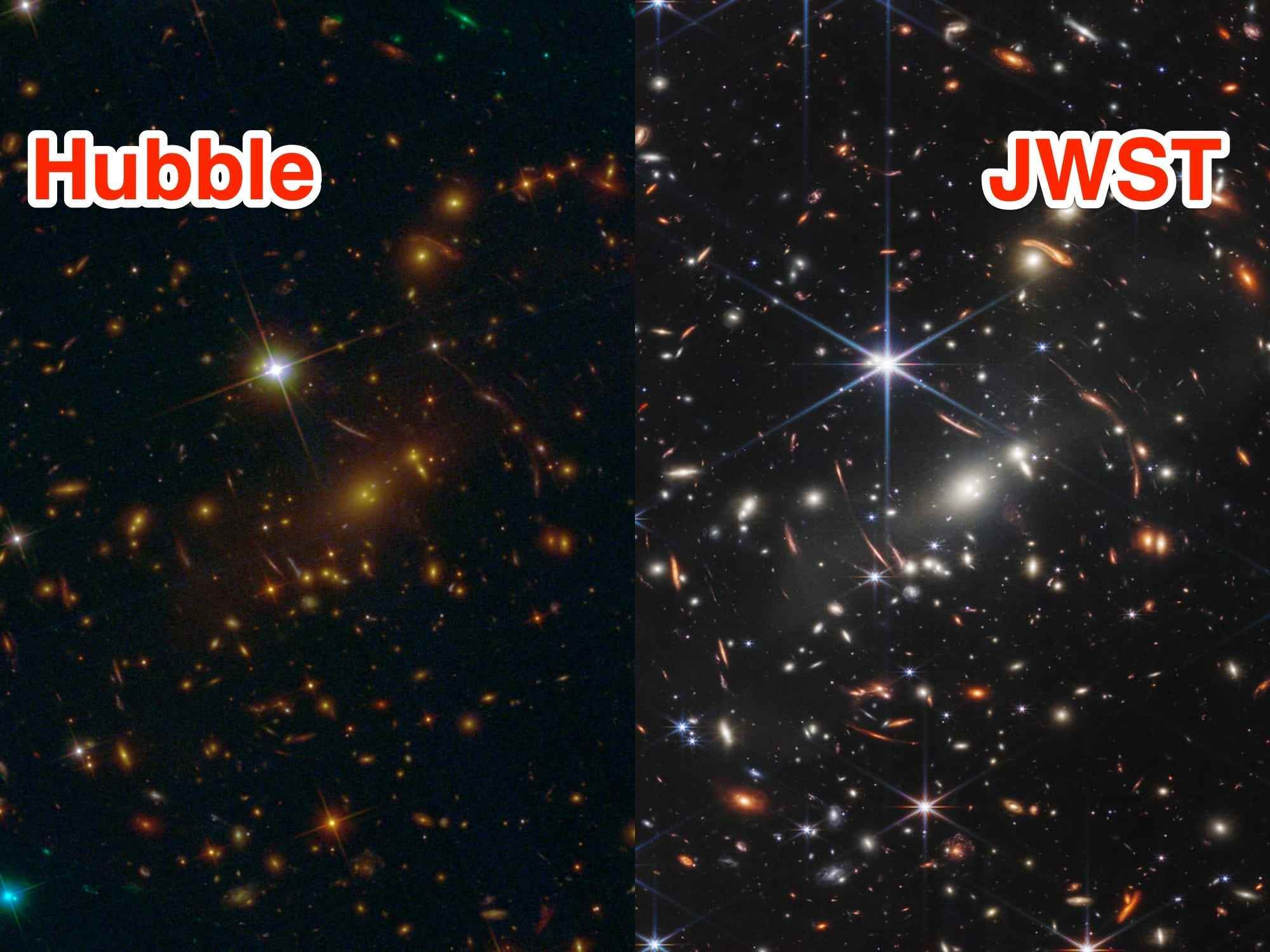Eine Seite-an-Seite-Collage des gleichen Gebiets, das von den Weltraumteleskopen Hubble und James Webb aufgenommen wurde.